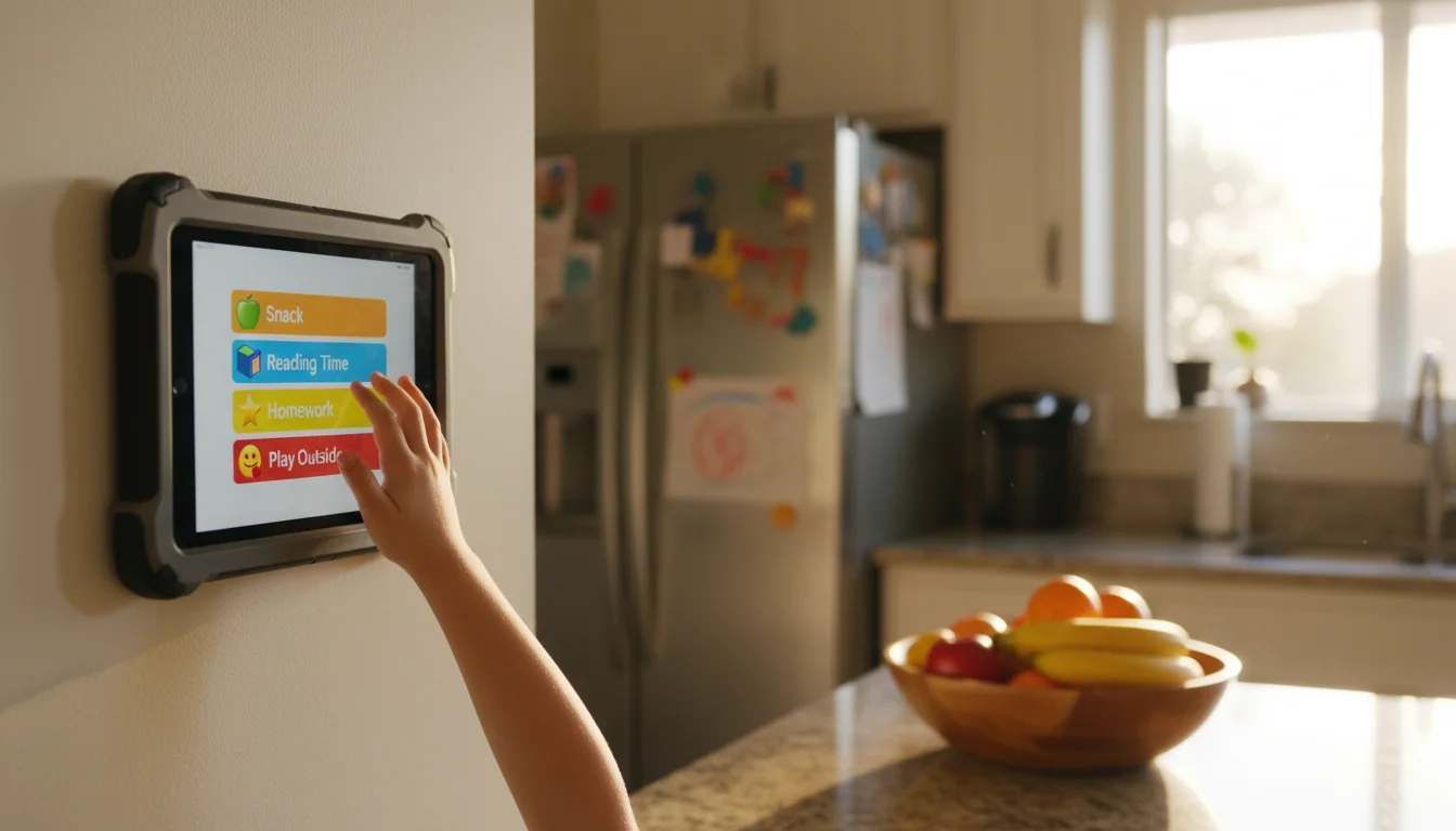 Child reaching toward a wall-mounted tablet showing colorful after-school tasks with emoji icons