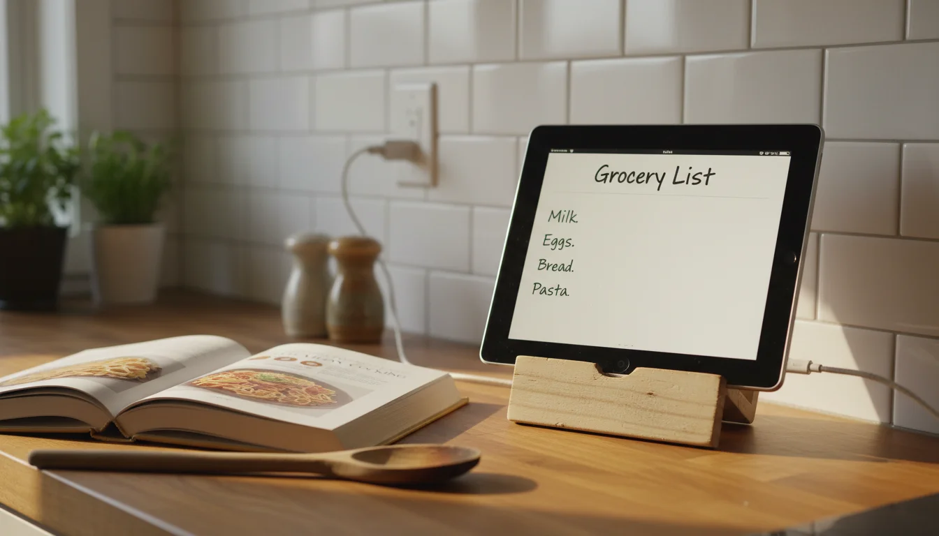 iPad in a wooden stand propped against kitchen backsplash with charging cable plugged in