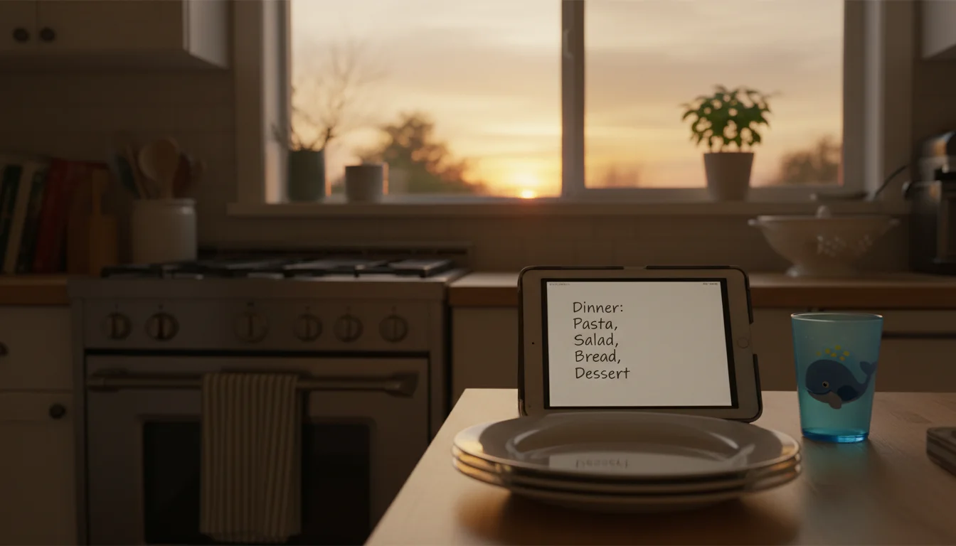 Tablet on kitchen counter at sunset showing evening routine list next to stacked dinner plates