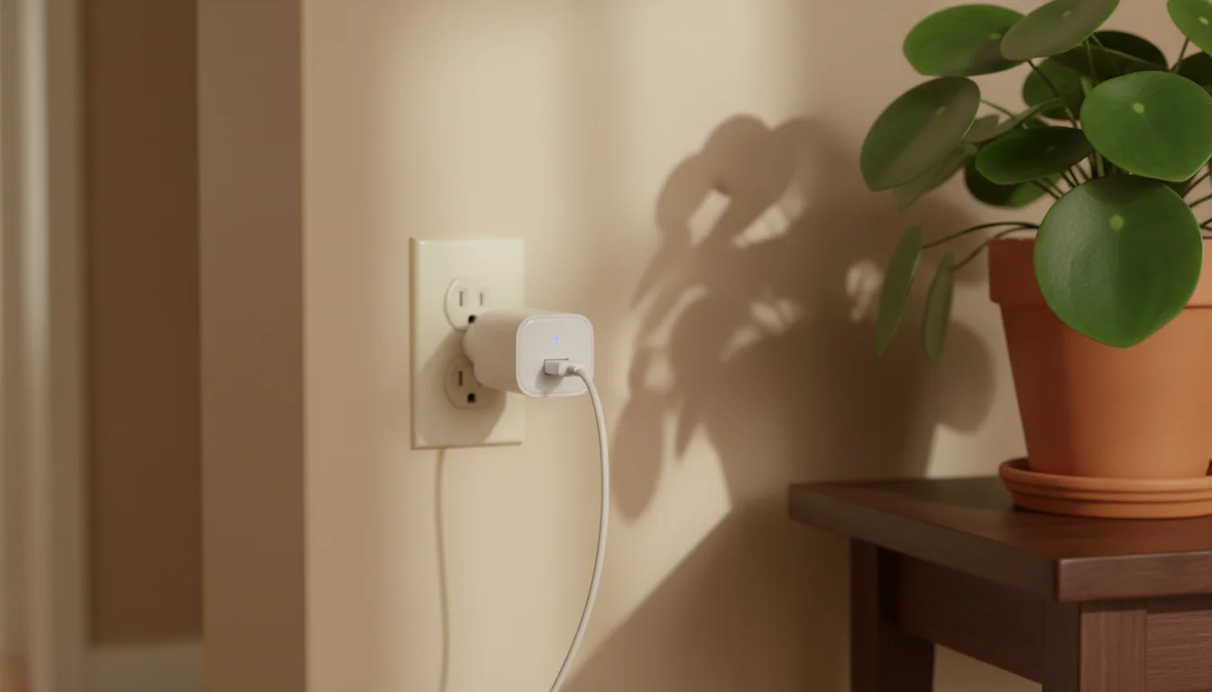 Smart plug in a wall outlet with a tablet charger cable connected
