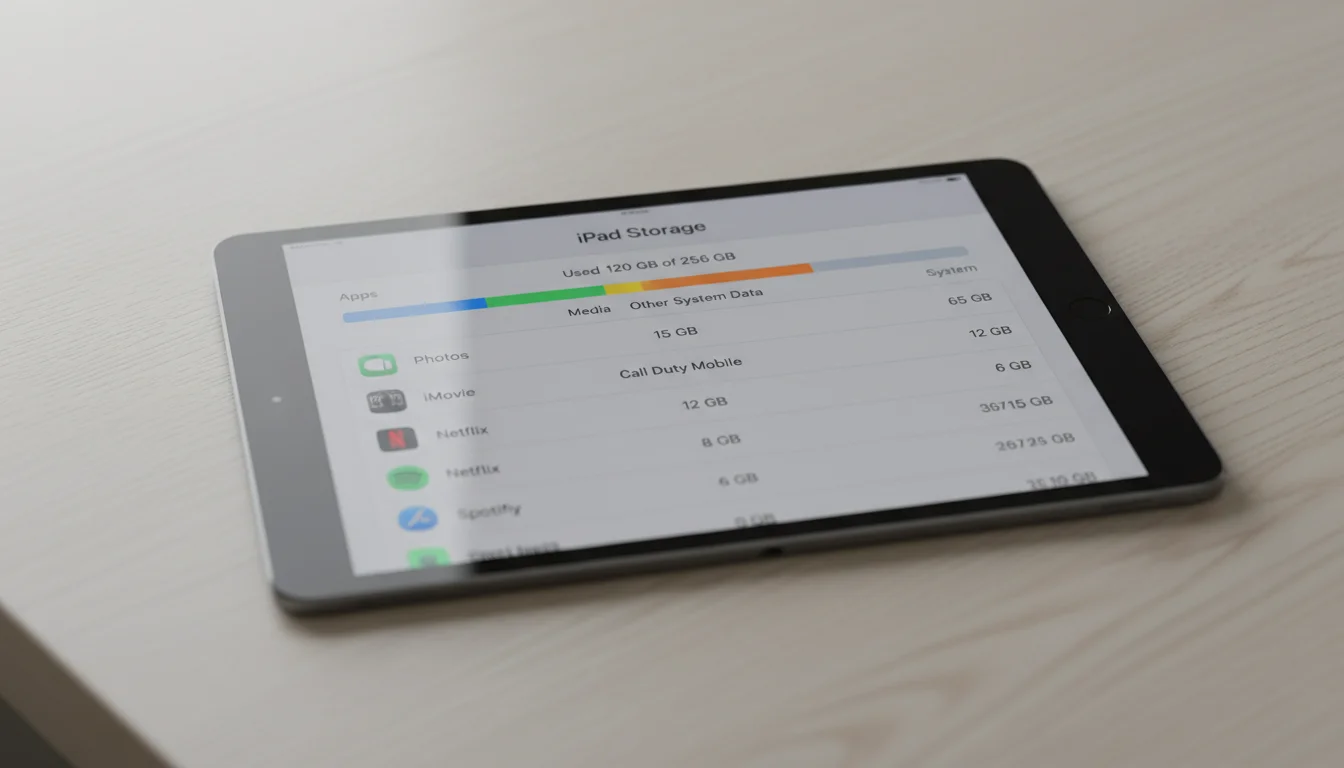 iPad storage settings screen showing a list of apps sorted by size with storage usage bar at the top