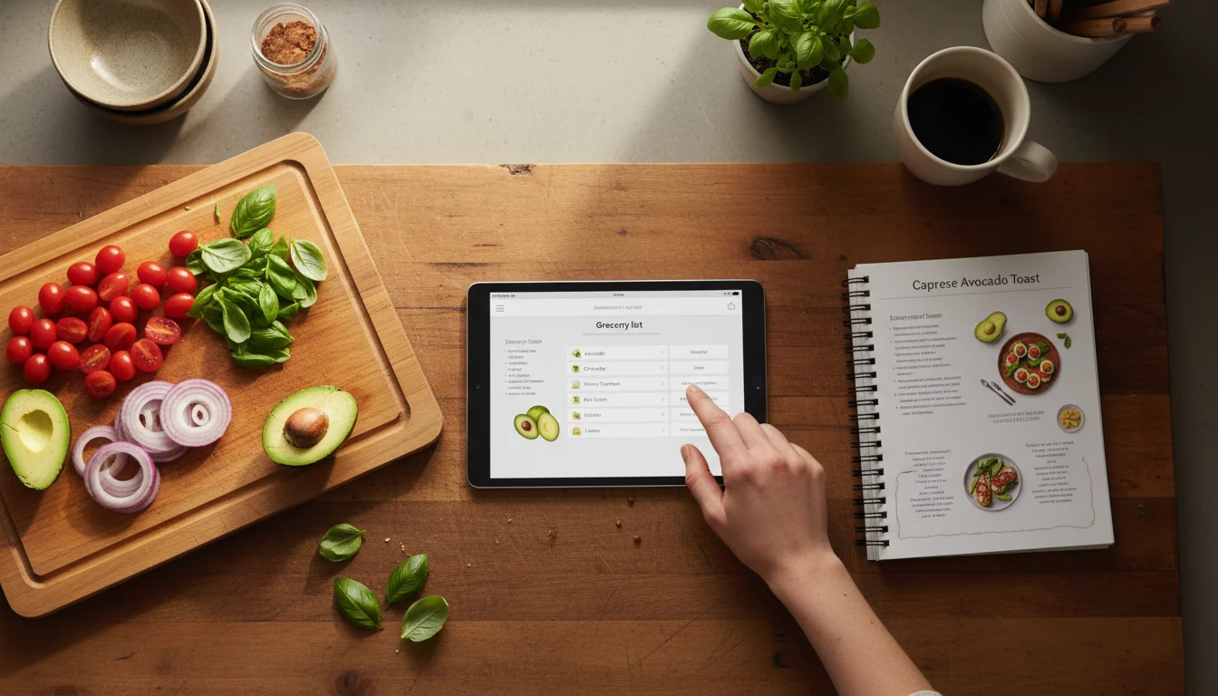 A tablet on the kitchen counter showing a grocery list, surrounded by fresh ingredients and a recipe book