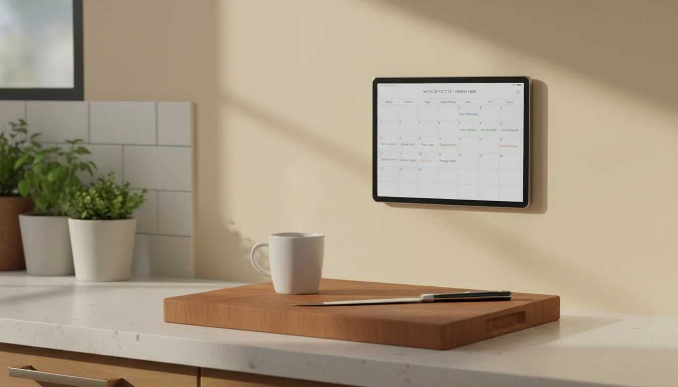 The kitchen tablet at eye level showing this week's family calendar