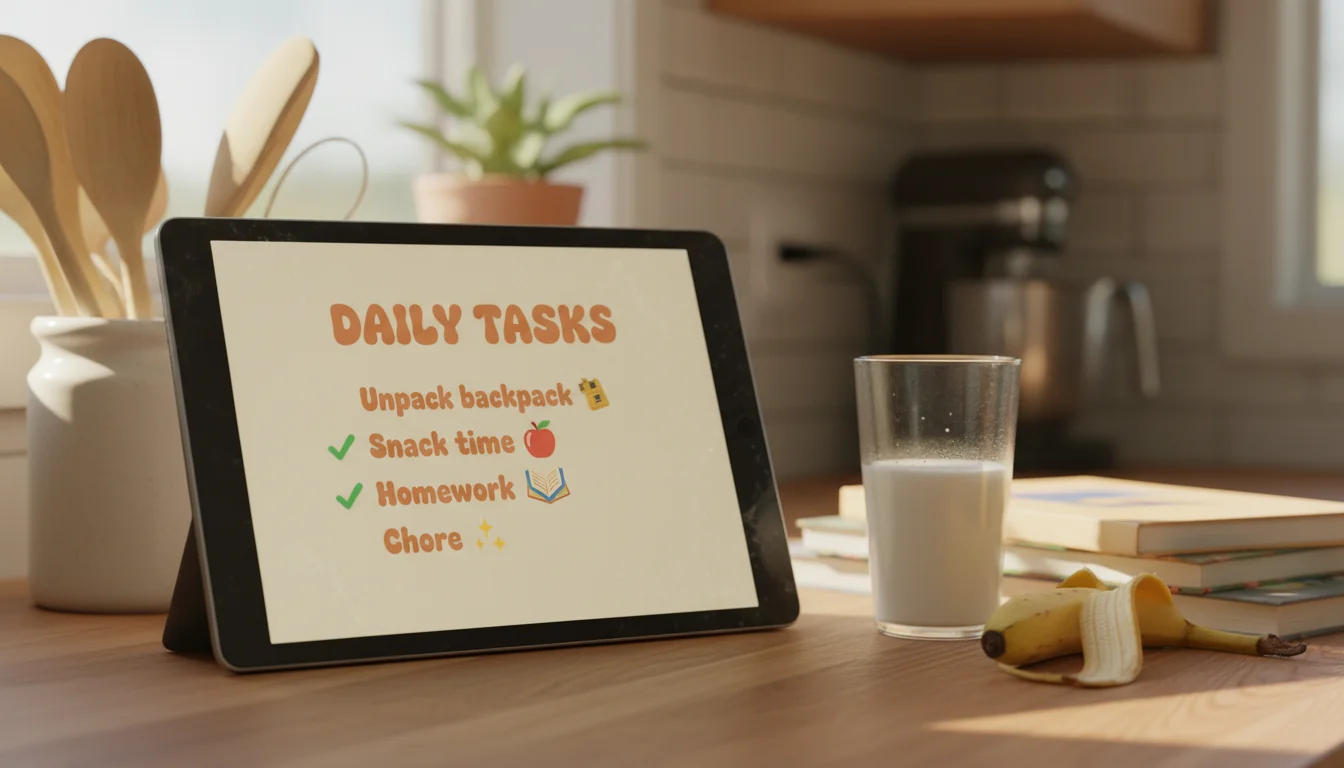 Old tablet on kitchen counter showing a daily tasks checklist with snack and homework items checked off