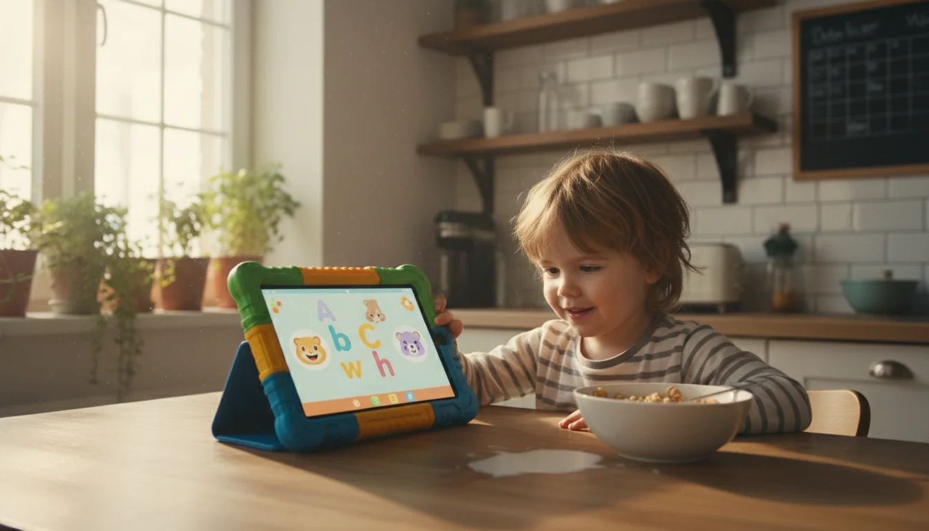Child using an old tablet with an educational app at the kitchen table