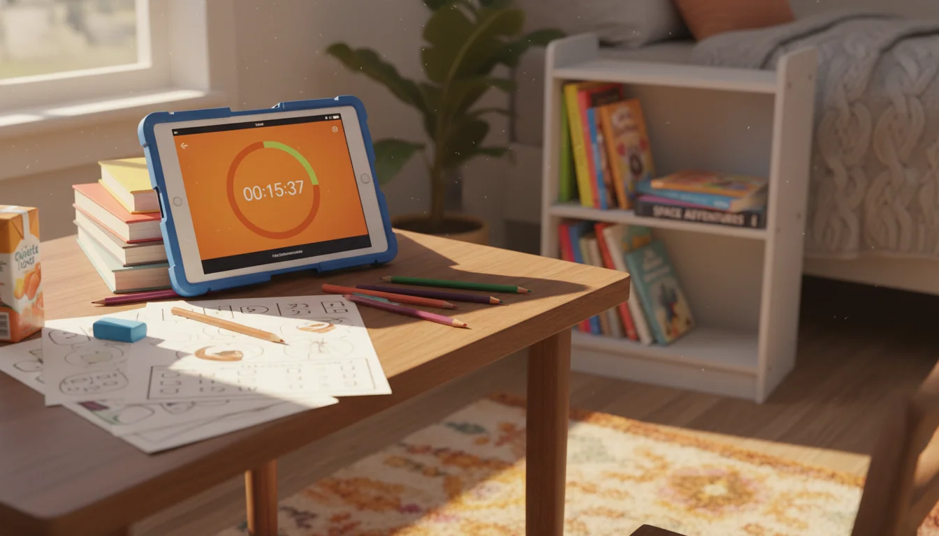 Old tablet on a desk showing a visual timer countdown alongside homework papers