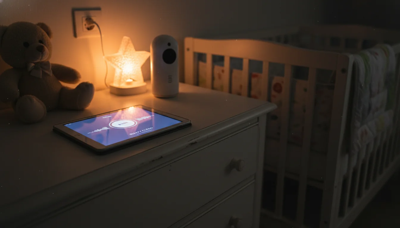 An old tablet on a nursery dresser with a dimmed screen running a white noise app