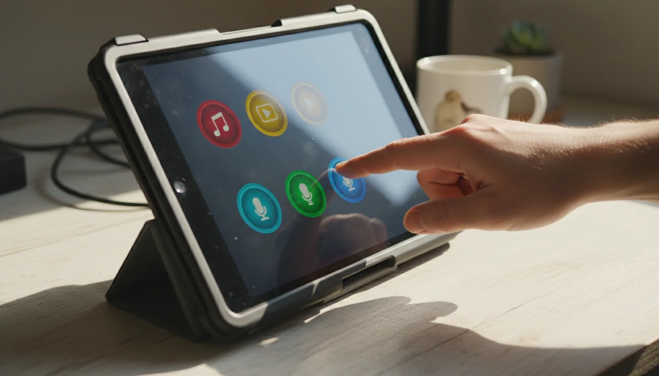 Hand tapping a macro button on an old tablet used as a stream deck alternative