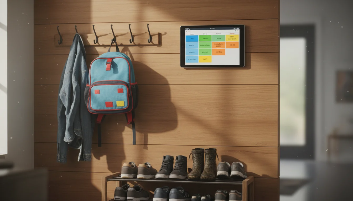 Old tablet mounted on hallway wall showing a colorful weekly family schedule