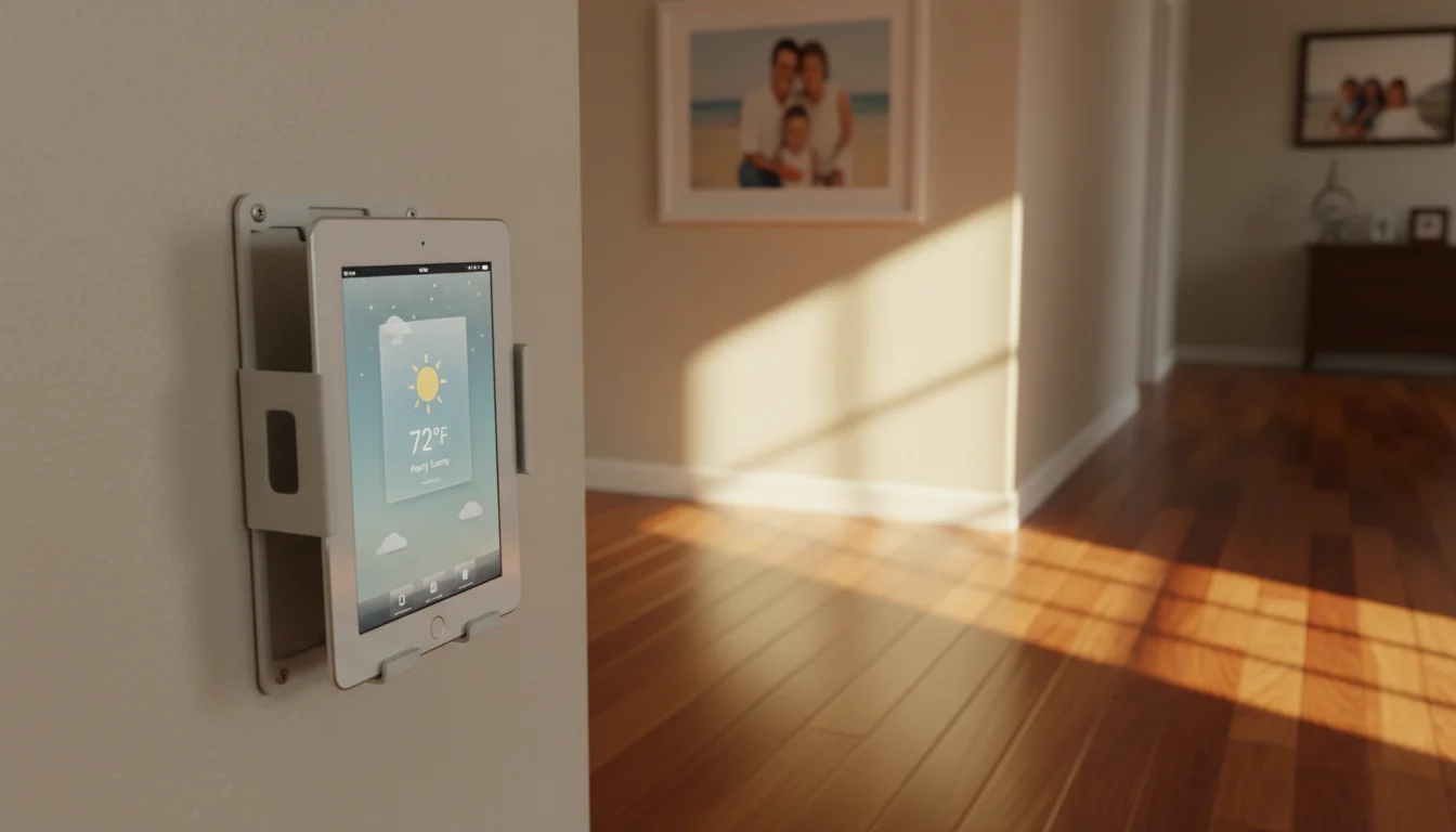 iPad on an open-back wall mount in a bright hallway showing a weather display
