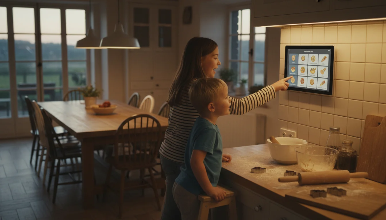Two kids in the kitchen checking the weekly dinner plan on a wall-mounted tablet