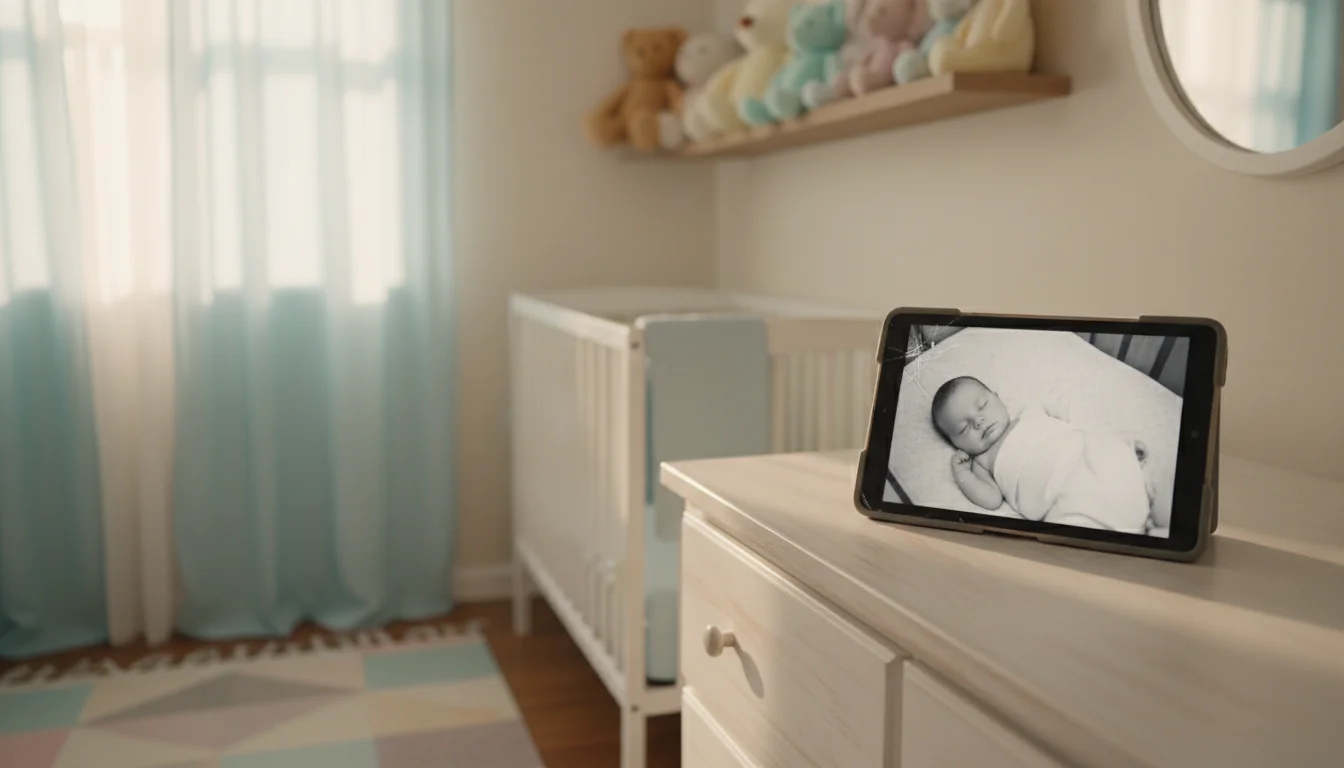 Old tablet on nursery dresser displaying a baby monitor video feed