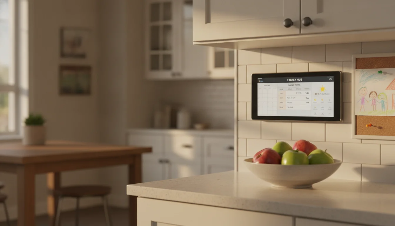 Wall-mounted tablet showing a family dashboard with chore chart, weekly calendar, and weather panel