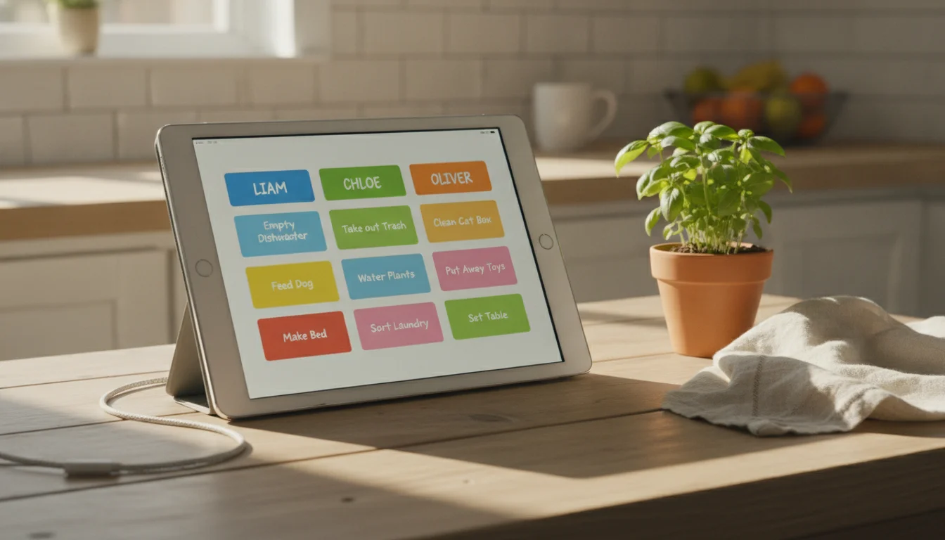 Old iPad on the kitchen counter showing a Trello-style chore board with three kids' lists