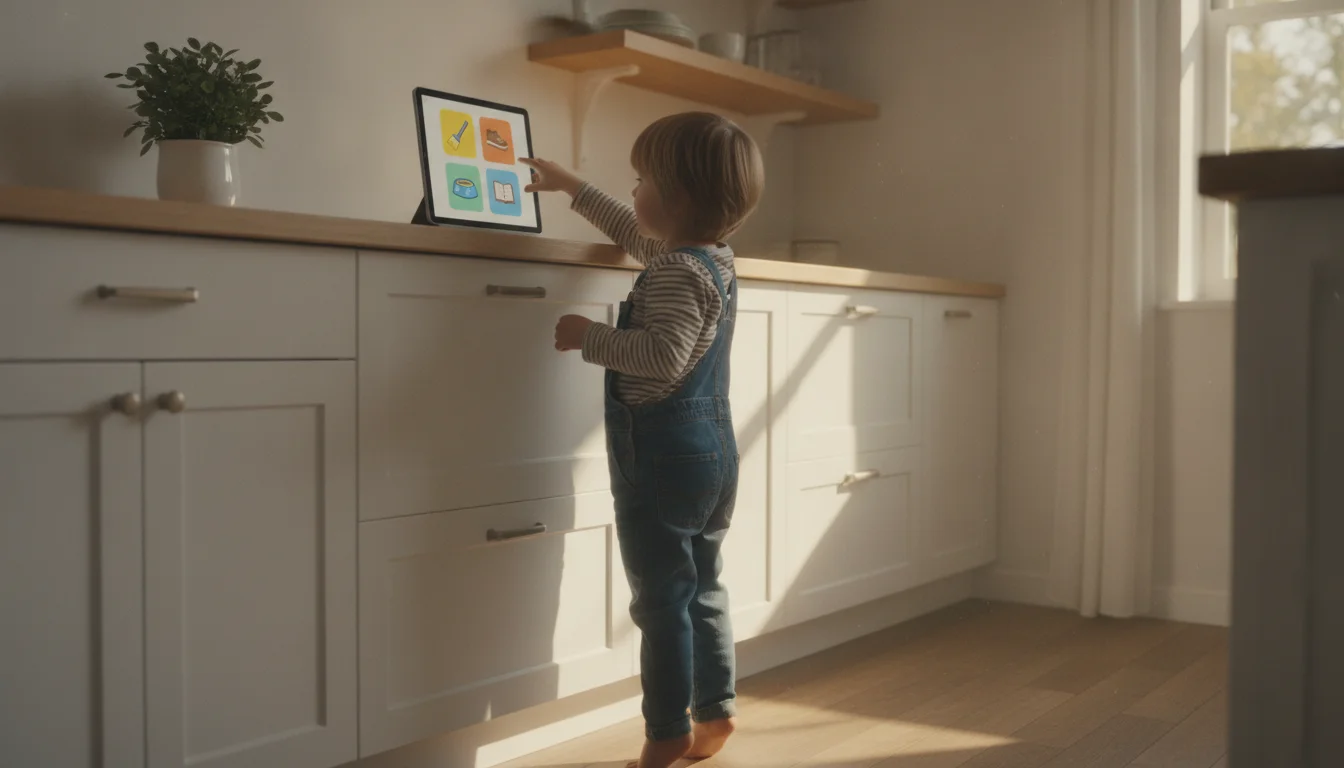Child reaching up to tap a wall-mounted tablet showing colorful chore icons