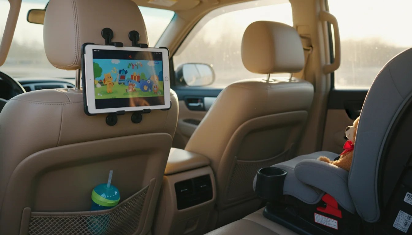 Old iPad mounted on car headrest as kids entertainment screen during a road trip
