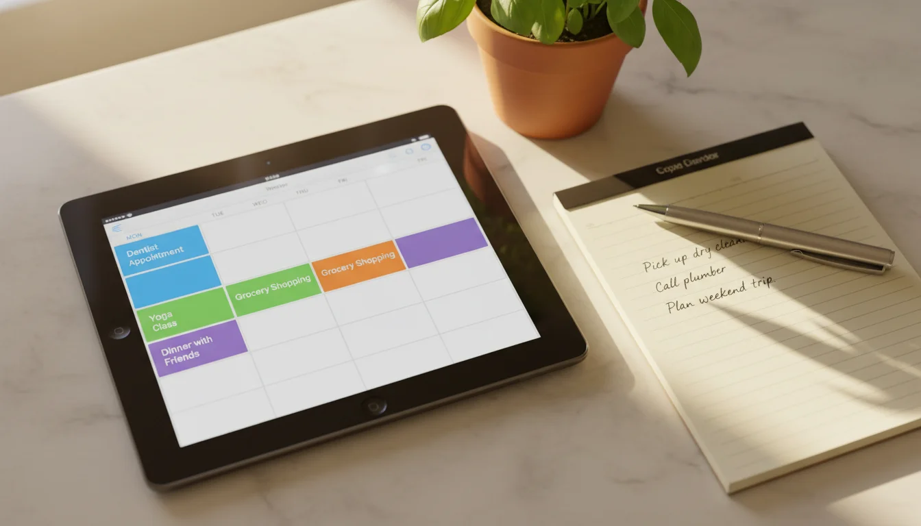 iPad showing weekly calendar view on kitchen counter with notepad