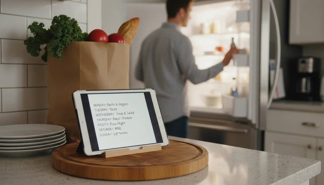 Tablet showing meal plan on kitchen counter with groceries nearby