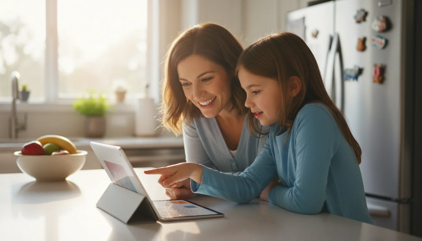 Parent and child reviewing the week together on tablet